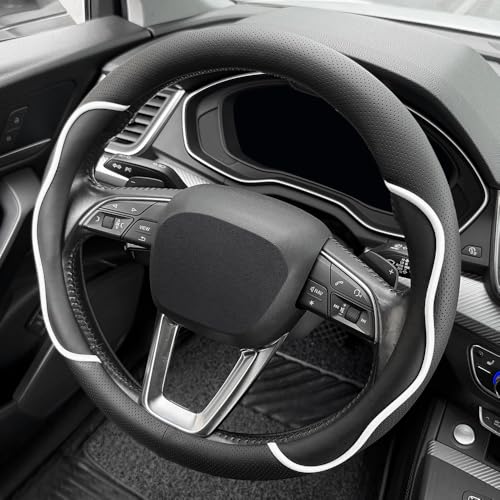 Nappa Leather Steering Wheel Cover. Stylish Striped Design, Universal fit for 14.5–15-inch Steering Wheels, Slip-Resistant and Breathable, Protects the Steering Wheel.Black and White - color: Black and White