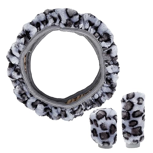 X AUTOHAUX Elastic Leopard Pattern Fluffy Car Steering Wheel Cover with Handbrake Gear Shift Cover Set Universal Gray - color: Gray