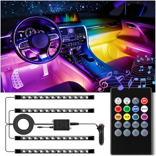 Car Led Interior Lights，4pcs 48 LED Multicolor Music Car Interior Accessories Under Dash Lighting Waterproof Kit with Sound Active Function and Wireless Remote Control, Car Charger Included - size: 4 in 1- Remote Control