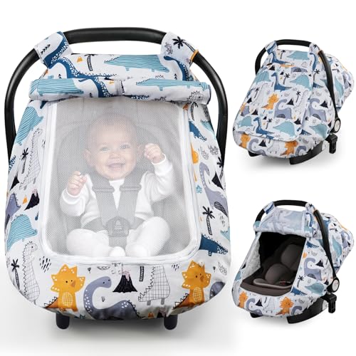 Elstey Car Seat Cover Baby, Minky Dot Carseat Covers Baby Boys Girls, Lightweight Infant Car Seat Cover Canopy with 2 Layers Breathable Mesh Windows, Stroller Carrier for Babies Newborn Essentials - color: Blue Dinosaur