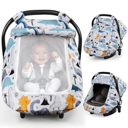 Elstey Car Seat Cover Baby, Minky Dot Carseat Covers Baby Boys Girls, Lightweight Infant Car Seat Cover Canopy with 2 Layers Breathable Mesh Windows, Stroller Carrier for Babies Newborn Essentials - color: Blue Dinosaur