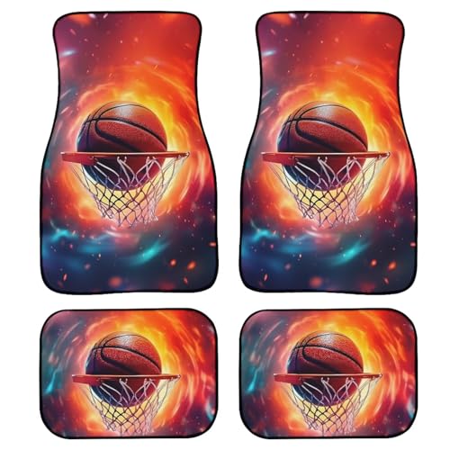 Basketball Print Car Floor Mats Set of 4 Abstract Fire Sports Ball Universal Vehicle Floor Carpet Decorative Auto Front Rear Foot Rugs for Trucks SUV Sedan