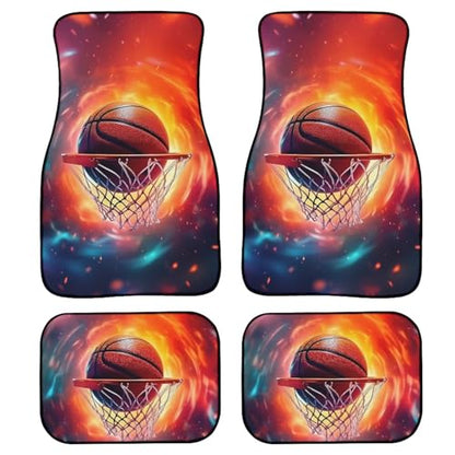 Basketball Print Car Floor Mats Set of 4 Abstract Fire Sports Ball Universal Vehicle Floor Carpet Decorative Auto Front Rear Foot Rugs for Trucks SUV Sedan