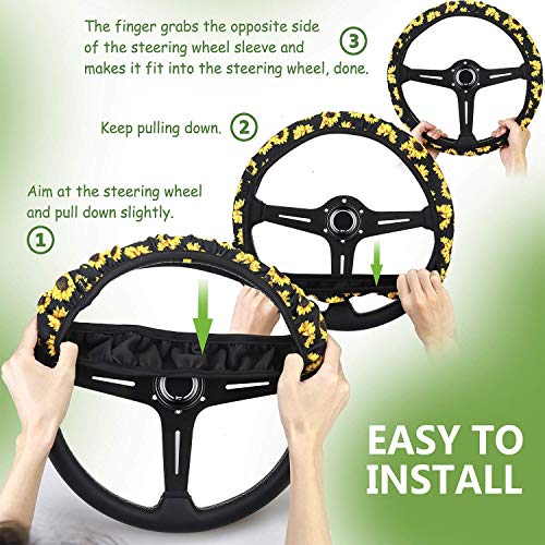 Sunflower Steering Wheel Cover Dreams Car Set: Women's Delightful Yellow Accessories with Cute Stuff Featuring Wheel Cover, Adorable Keychain,2 Car Cup Holder for a Cute and Vibrant Driving Experience - color: Sunflower