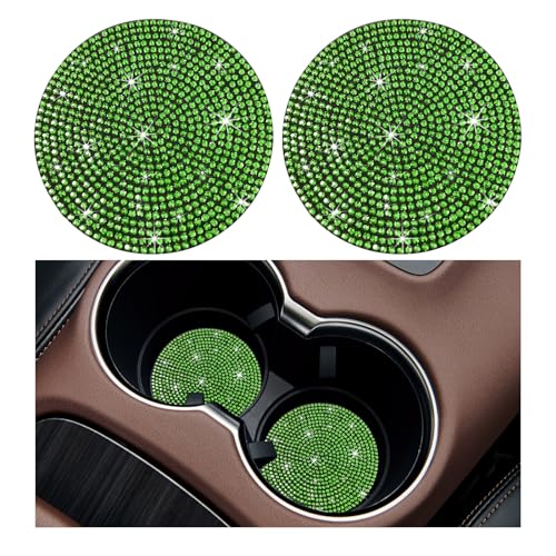 Ziciner 2PCS Bling Car Cup Holder Coaster, 2.73 Inch Anti-Slip Cup Insert Coasters, Crystal Rhinestone Auto Drink Cup Mat, Universal Interior Decor Car Accessories for Women Girls (Light Green) - color: Light Green, size: 2 Coaster+No Button Cover