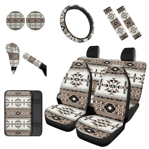 Dreaweet Tribal Car Seat Covers Full Set Geometric Pattern Car Decor Universal Car Seat Covers with Steering Wheel Cover/Armrest Cover/Seat Belt Pads/Coasters/Gear Shift & Handbrake Cover,12 Pcs Set - color: Geometric Pattern