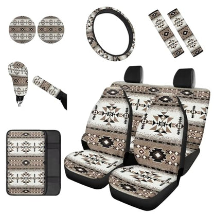 Dreaweet Tribal Car Seat Covers Full Set Geometric Pattern Car Decor Universal Car Seat Covers with Steering Wheel Cover/Armrest Cover/Seat Belt Pads/Coasters/Gear Shift & Handbrake Cover,12 Pcs Set - color: Geometric Pattern
