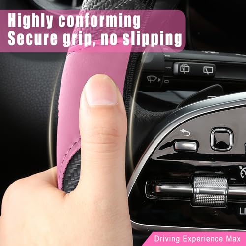 Leather Car Steering Wheel Cover, 15 Inch Anti-Slip Carbon Fiber Black Steering Wheel Cover, Universal Car Interior Accessories for Trucks Sedans SUVs (Black & Pink) - color: Black & Pink
