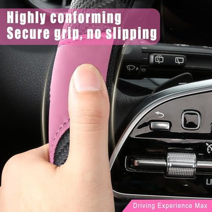 Leather Car Steering Wheel Cover, 15 Inch Anti-Slip Carbon Fiber Black Steering Wheel Cover, Universal Car Interior Accessories for Trucks Sedans SUVs (Black & Pink) - color: Black & Pink
