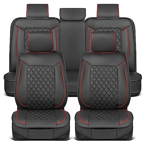 MotorBox Prestige Faux Leather Seat Covers Full Set' Semi-Universal Fit for Cars, Trucks & SUVs - Napa Style 2 Front Seat Covers + Rear Bench' Durable Interior Protector, Easy Install - color: Black/Red Trim (Full Set), size: Full Set (Front & Rear)