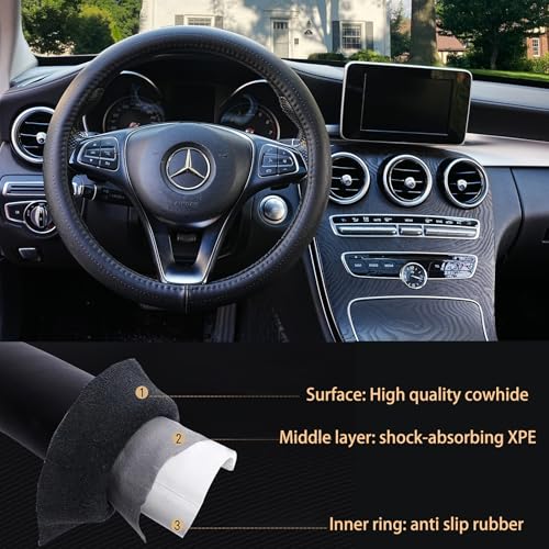 Black Genuine Leather Car Steering Wheel Cover Men Women,Cowhide Wheel Cover,Soft,Breathable,Anti-Slip,Luxury Steering Wheel Cover,Universal Standard Size 14.5-15 inch(M)