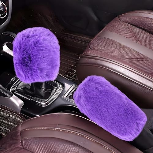 Hovom 2PCS Fluffy Car Gear Shift Knob Cover & Handbrake Cover, Soft Plush Hand Brake Handle & Gear Shift Cover for Women Girls, Universal Comfortable Warm Furry Car Accessories (Purple) - color: Purple