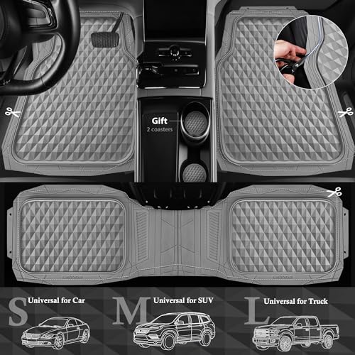 CAR PASS Heavy Duty Rubber Car Mats, Gray Deep Dish All-Weather Car Floor Mat Full Set Durable Anti-Slip 3D Rhombus Waterproof Trim Fit Liner Universal Fit Automotive,Sedan,SUV,Truck, 3 Pcs Light Gray - color: light gray