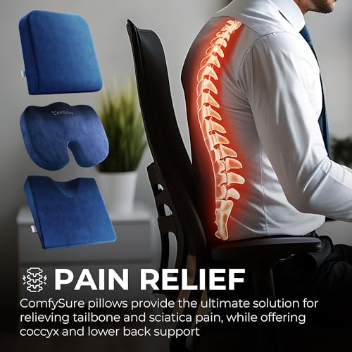 Memory Foam Seat Cushion - Tailbone Pain Relief Cushion, Non-Slip Sciatica Pain Relief Pillow - Cushion for Office Chair, Car, Wheelchair, Computer, Desk Chair - Coccyx, Lower Back Support (Navy)