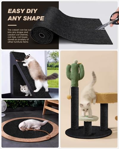 Cat Scratch Furniture Protector, Trimmable Self-Adhesive Carpet, DIY Climb Cat Scratcher Mat for Covering Cat Tower and Couch Protector from Cat Claws (78.7x15.8in Black) - color: Black