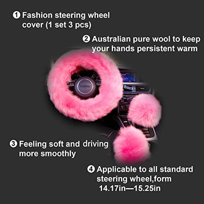 Yontree Fashion Fluffy Steering Wheel Covers for Women/Girls/Ladies/Men Australia Pure Wool Universal 15 Inch 1 Set 3 Pcs (Pink) - color: Pink, size: Long Wool