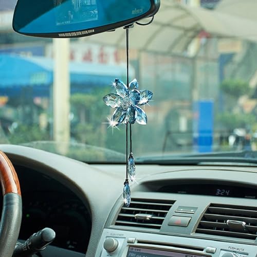 Crystal Flower Car Rear View Mirror Hanging Ornament - Sparkles with Rainbows for a Sense of Luck and Happiness Car Interior Accessories (Blue) - color: Crystal Flower - Blue
