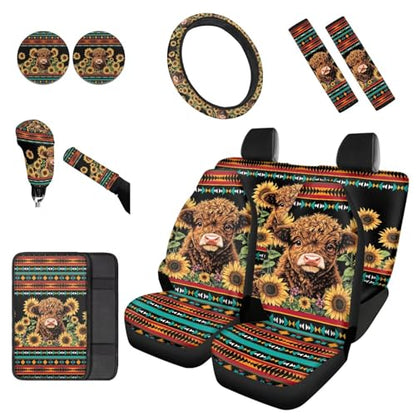 Dreaweet Car Seat Covers Full Set with Steering Wheel Cover/Armrest Cover/Seatbelt Covers/Cup Coasters/Gear Shift Cover/Handbrake Cover,12 Pcs Aztec Highland Cow Sunflower Car Accessories Deocr - color: Aztec Highland Cow Sunflower
