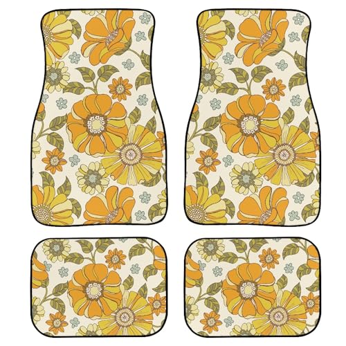 Retro 70s Style Flower Car Floor Mats 4Pcs Groovy Pattern with Orange Flowers Cute Floral Print Floor Mats for Cars Custom Front Rear Vehicle Rugs Universal Auto Accessories for Truck Sedan - color: Orange