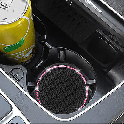 4 Pack Car Coasters, Universal Vehicle Bling Car Coaster, Cute Rhinestone Coaster for Cup Holders,Interior Accessories 2.75'' Silicone Anti Slip Car Coasters for Women (Pink Crystal Circle)