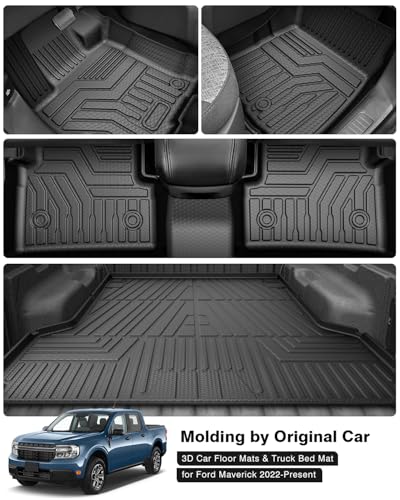 Floor Mats & Truck Bed Mat for 2022-2024 2025 2026 Ford Maverick Gas Model Accessories Floor Mats 2 Row Liner Set All Weather TPE 3D Floor Liners&Truck Bed Liner - size: 3)Ford Maverick Gas｜22-26｜Combo Set