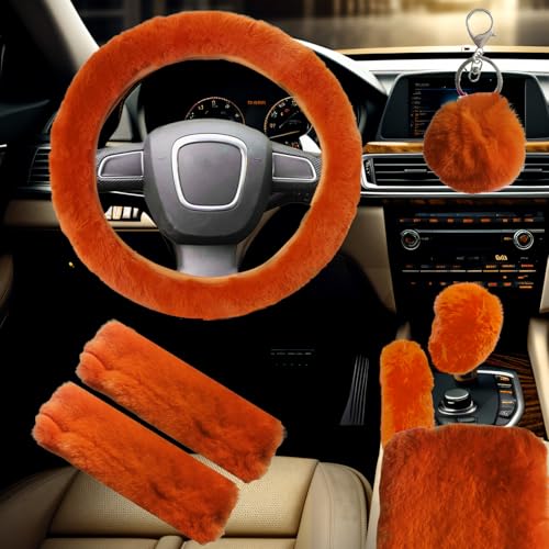 7 Pieces Fluffy Car Accessories Set,YUNXNYC Cute Fluffy Steering Wheel Cover Set Furry Fuzzy Steering Wheel Covers Winter Warm Fur Car Decoration Accessories for Women Girls (Orange)