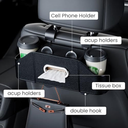 7-in-1 Car Seat Organizer with Cup Holders, Trash Can, Tissue Dispenser & Hooks, Multifunctional Headrest Storage for Backseat, Travel Essentials for Family Car Trips (Black)