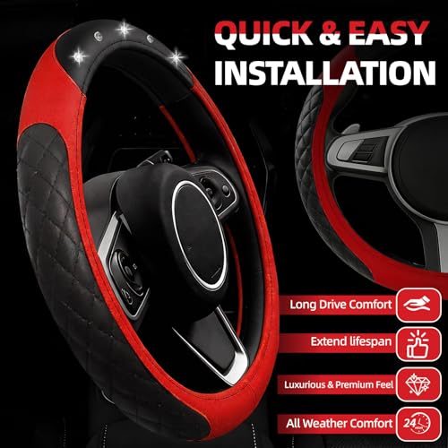 NBTEPEM 6 PCS Bling Car Accessories Set, Leather Steering Wheel Covers Universal 14.5-15 inch, Center Console Cover, Seat Belt Cushion, Cup Holder Coaster (Red) - color: Red