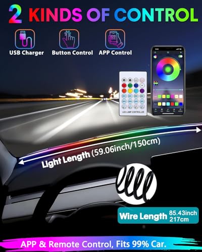 Acrylic Interior Car LED Strip Light with Motion-Activated Switch, 59.1" Neon Ambient Light, RGB Colors, APP Control, Music Sync - color: Dreamcolor 59.1 inch (Only Acrylic Light Strip)