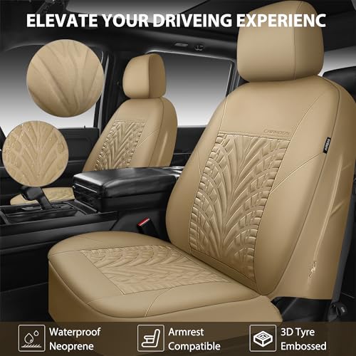 CAR PASS Neoprene Waterproof Seat Covers Full Sets, Wetsuit Car Seat Covers 5 Seats Universal Fit for Vans, Truck, SUV, 3D Tyre Embossed Seat Covers Anti Slip with Armrests, Aibag Compatible All Beige - color: all Beige Neoprene, size: Full sets
