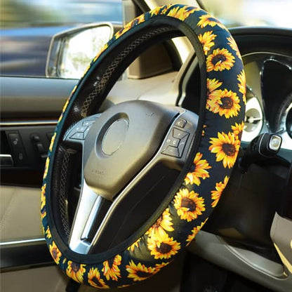 Sunflower Steering Wheel Cover Dreams Car Set: Women's Delightful Yellow Accessories with Cute Stuff Featuring Wheel Cover, Adorable Keychain,2 Car Cup Holder for a Cute and Vibrant Driving Experience - color: Sunflower