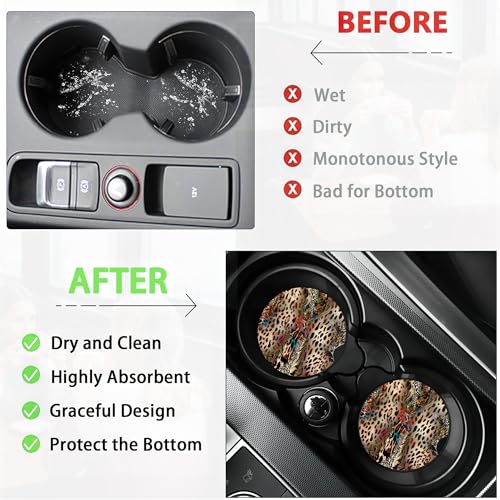 Car Coasters for Cup Holders,2 Pack Leopard Absorbent Ceramic Coaster Abstract Animal Print Car Cup Holder Non-Slip Auto Accessories Interior Decor for Your Car Keep Clean