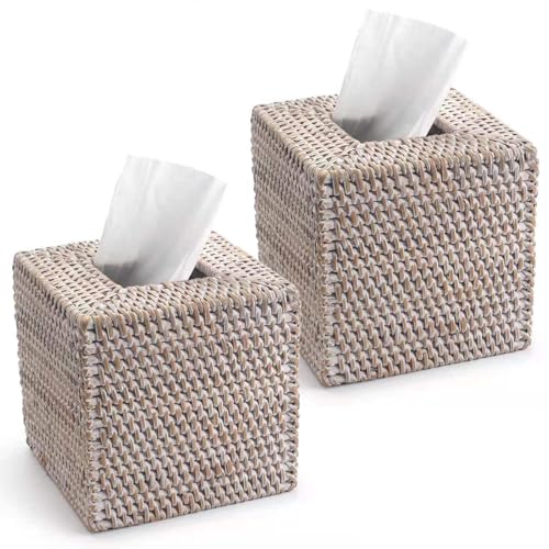 2 Pack Rattan Tissue Box Cover Square, Hand Woven Wicker Tissue Holder, 5.5 x 5.5 X 5.7 inch, Whitewash - color: Whitewash, size: Square (5.7"H) (Set of 2)