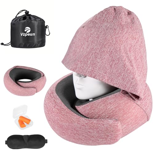 Travel Pillow - Hooded Neck Pillow Airplane Memory Foam Filling for Plane, Cars Sleeping, Road Trip, Long Flights, Portable Plane Accessories, Includes Eye Mask & Earplugs (Red) - color: Red