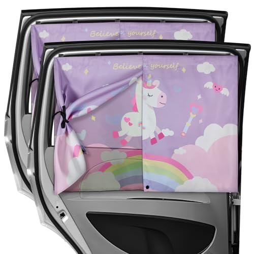 Car Window Shades, 2 PCS Magnetic Double Layer Car Sun Shade for Side Windows Privacy Full Covers/Half Shade Options Unicorn Patterns Car Window Curtains for Baby Protection - color: Purple-2pcs