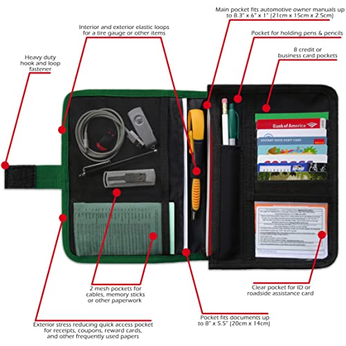 Glove Box Compartment Organizer - Car Document Holder - Owner Manual Case Pouch - Vehicle Storage Wallet for Registration & Insurance Card - Premium Auto Paperwork Holder - Log Book included - Green