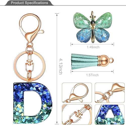 JINGUAZI Initial letter Keychains for Women Tassel Butterfly Pink Purple Cute Car Keychain for Wallet Backpack bag charm - color: D-blue Green
