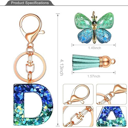 JINGUAZI Initial letter Keychains for Women Tassel Butterfly Pink Purple Cute Car Keychain for Wallet Backpack bag charm - color: D-blue Green
