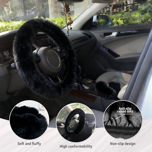 Fluffy Steering Wheel Cover 3PCS Set – Plush Fuzzy Fur Steering Wheel Cover with Gear Shift Cover & Handbrake Cover, Winter Warm Car Accessories, Car Interior Accessories for Women (Black)