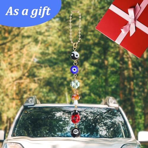 Ptwola Evil Eye Car Hanging Ornament Good Lucky Days Charm 8 Ball Mushroom Four-Leaf Ladybug Yin Yang Symbo Rear View Mirror Pendant Cute Boho Car Accessories Decorations for Keychain Cellphone