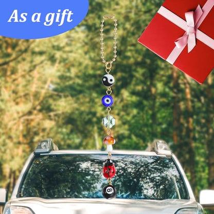 Ptwola Evil Eye Car Hanging Ornament Good Lucky Days Charm 8 Ball Mushroom Four-Leaf Ladybug Yin Yang Symbo Rear View Mirror Pendant Cute Boho Car Accessories Decorations for Keychain Cellphone
