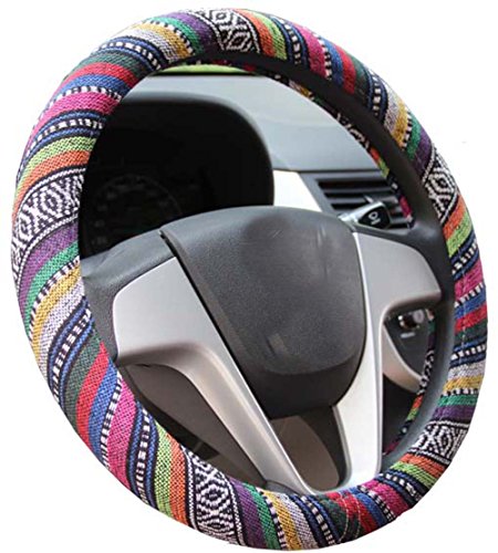 Medium Ethnic Style Coarse Flax Cloth Automotive Steering Wheel Cover Anti Slip and Sweat Absorption Auto Car Wrap Cover (14.5''-15'',B) - color: B, size: 14.5 - 15 inches