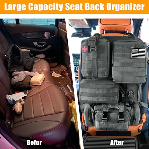 6 Pack Tactical MOLLE Car Seat Back Organizer - Universal Vehicle Storage Bag with 5 Detachable MOLLE Pouches, US Flag Patch & Keychain, Fits Jeep, Truck, SUV, Car (Black)