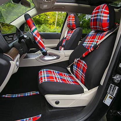 FH Group Full Set Plaid Print Cloth Car Seat Covers Combo Set with Carpet Floor Mats, Universal Fit, Washable Seat Cover for SUV, Sedan, Red - color: Red