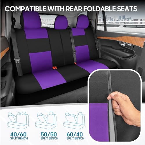 BDK PolyPro Car Seat Covers Full Set in Purple on Black, Front and Rear Split Bench Seat Covers for Cars, Easy to Install Car Seats Cover Set and Accessories for Auto Trucks Van SUV - Purple - color: Purple