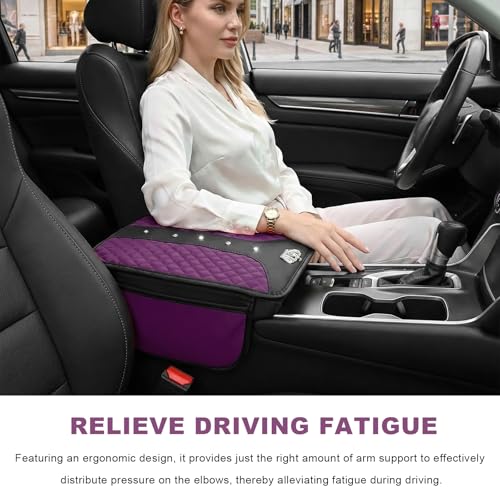 Bling Crown Car Center Console Cover, Crystal Leather Auto Armrest Box Cushion with 2 Storage Bags, Universal Crown Middle Console Cover Arm Rest Protector for Most Vehicles (Purple) - color: Purple