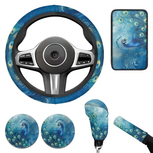 Blue Peacock Print Car Steering Wheel Cover Set for Men Women Beautiful Car Interior Decor Cup Coaster Handbrake Cover Universal Fit Auto,Suvs,Truck - color: blue Peacock