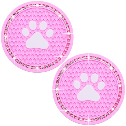 2PCS Bling Car Cup Holder Coaster, Universal Dog/Cat Paw Auto Non-Slip Crystal Rhinestone Cup Holder Coaster, 2.75In Universal Non-Slip Recessed Car Interior Accessories (Pink & White) - color: Pink & White, size: 2 pcs