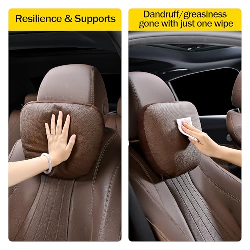 Genuine Leather Car Neck Pillow for headrest,Support Drive Seats Head Cushion,Real Cow Leather,11.8x7.5”,Plant-Based Polyester,Thickness & Height Adjustable,Inner Liner fillable(Black,1p)
