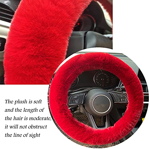 ZYNQACC 4PCS Set Fluffy Steering Wheel Covers with Handbrake Cover&Gear Shift Cover&Plush Keychain Faux Wool Furry Steering Wheel Cover for Women Auto Interior Universal Fit for 15 Inch (Red)